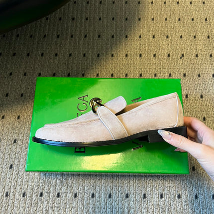 BOTTEGA VENETA 26S LOAFERS IN LIGHT BEIGE SUEDE WITH GOLD HARDWARE