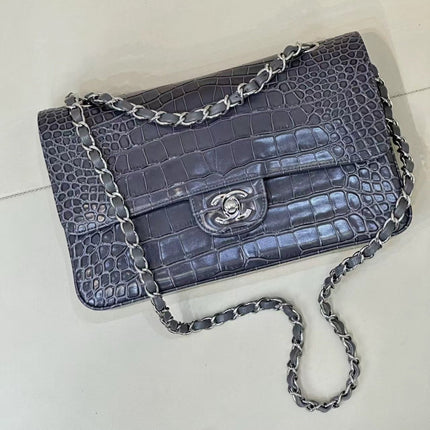 CHANEL 26S CLASSIC FLAP BAG IN DARK BLUE CROCODILE-EMBOSSED MATERIAL