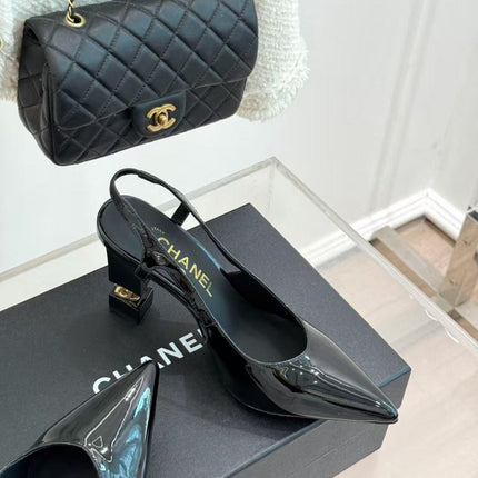 CHANEL 26S SLINGBACK IN BLACK CALFSKIN PATENT WITH BLOCK HEEL