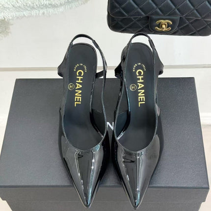 CHANEL 26S SLINGBACK IN BLACK CALFSKIN PATENT WITH BLOCK HEEL