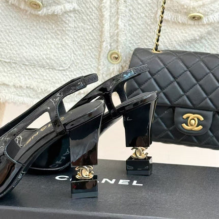CHANEL 26S SLINGBACK IN BLACK CALFSKIN PATENT WITH BLOCK HEEL