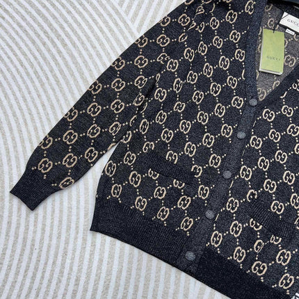 GG V-Neck Long Sleeve Cardigan Black Beige Monogram