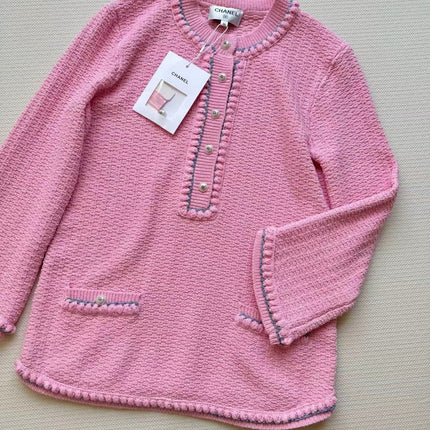 Chanel 25P Long-Sleeve Top Pink Tweed Pearl Buttons