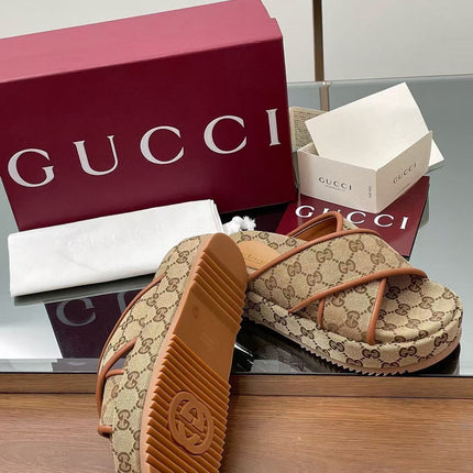 GG PLATFORM SANDALS IN BEIGE AND DARK BROWN GG CANVAS