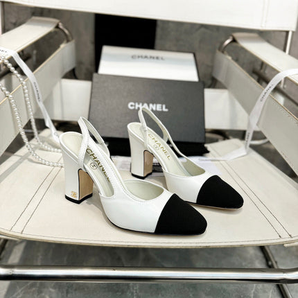 HIGH SLINGBACK IN BLACK FABRIC AND WHITE CALFSKIN