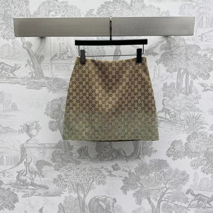 GG Brown Mix Light Green Canvas Mini Skirt With Embroidery