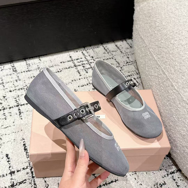 MM BALLET FLATS IN GREY MESH AND LEATHER