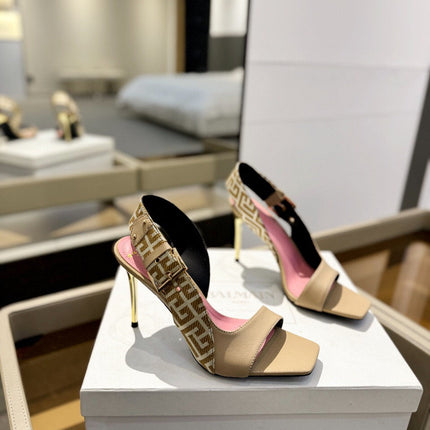 RUBY SANDALS IN BEIGE CALFSKIN AND PB LABYRINTH CANVAS