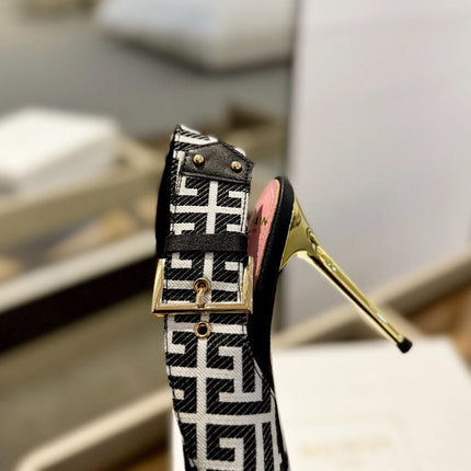 RUBY SANDALS IN BLACK CALFSKIN AND PB LABYRINTH CANVAS