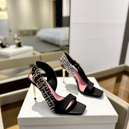 RUBY SANDALS IN BLACK CALFSKIN AND PB LABYRINTH CANVAS