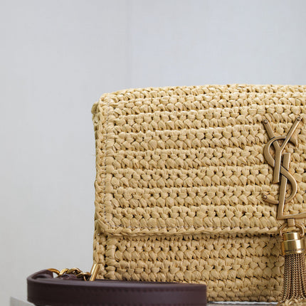 YSL KATE BAG CROSSBODY 26 IN BEIGE WOVEN RAFFIA GOLD HARDWARE