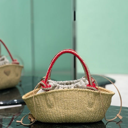 PRA HANDBAG 26 IN BEIGE RAFFIA AND RED WOVEN HANDLES