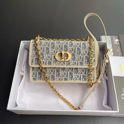 CD OBLIQUE SHOULDER BAG 18 IN BLUE AND BEIGE FABRIC GOLD-TONE CHAIN