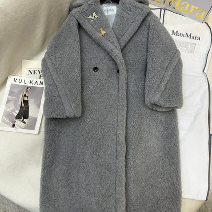 MAX MARA LONG COAT IN LIGHT GREY WOOL WITH CRYSTAL CHARM