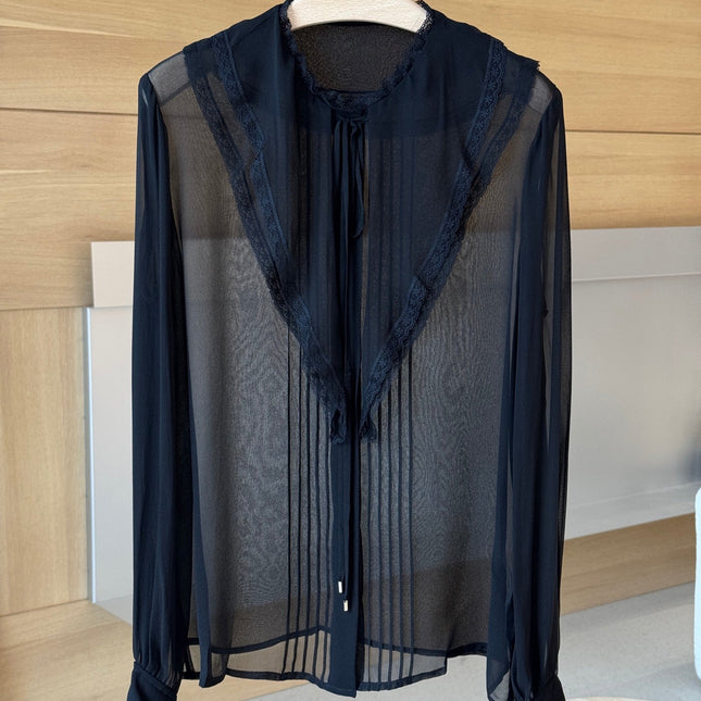 CHLOE RUFFLED LACE-TRIMMED COLLAR SILK-CHIFFON BLOUSE IN BLACK