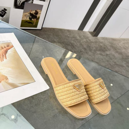 PRADA 26S SLIDE SANDALS IN NATURAL RAFFIA LEATHER TRIMMED