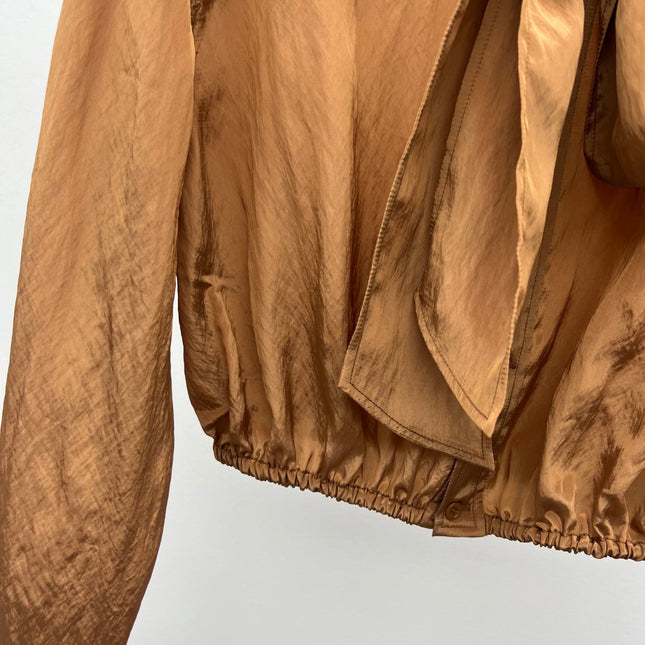 YSL 26S BOW TIE CROPPED BLOUSE IN CARAMEL SILK