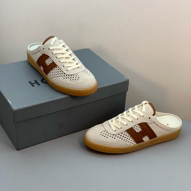 HOGAN 26S H MOTIF LACE-UP MULE IN ECRU & BROWN SUEDE