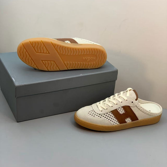 HOGAN 26S H MOTIF LACE-UP MULE IN ECRU & BROWN SUEDE