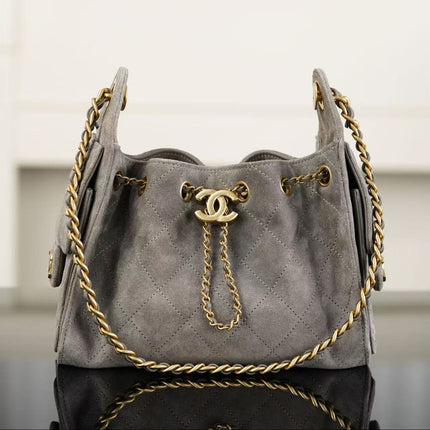 CHANEL 26S DRAWSTRING HOBO BAG IN GREY SUEDE WITH GOLD-TONE CHAIN