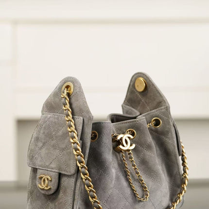 CHANEL 26S DRAWSTRING HOBO BAG IN GREY SUEDE WITH GOLD-TONE CHAIN