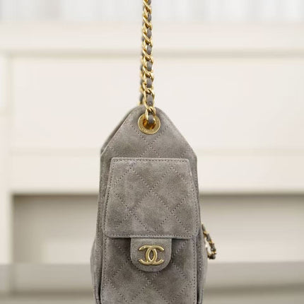 CHANEL 26S DRAWSTRING HOBO BAG IN GREY SUEDE WITH GOLD-TONE CHAIN