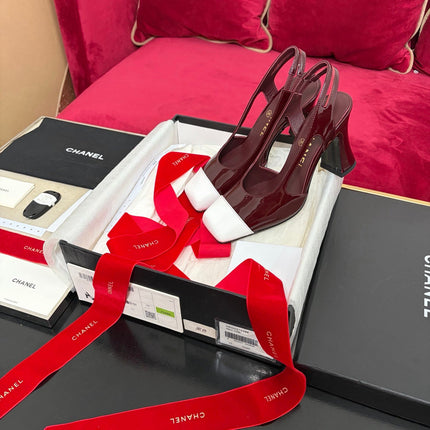 CHANEL 26S SLINGBACK PUMPS IN BURGUNDY & WHITE CALFSKIN