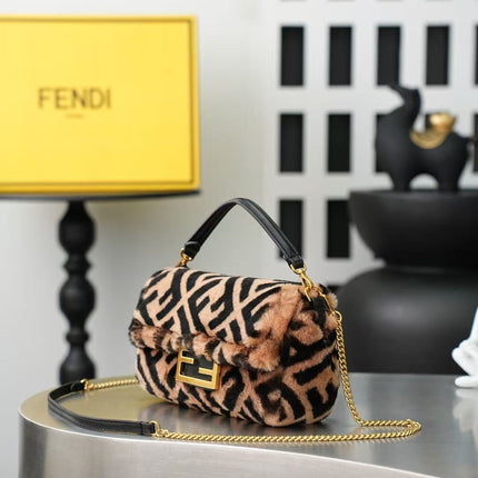 FENDI MINI BAGUETTE 20 IN BROWN FF SHEARLING