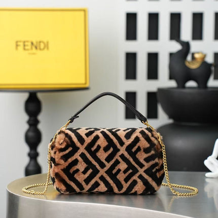 FENDI MINI BAGUETTE 20 IN BROWN FF SHEARLING