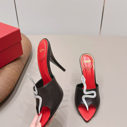VALENTINO 26S HIGH HEEL MULES 100 MM IN BLACK AND RED LINING CALFSKIN