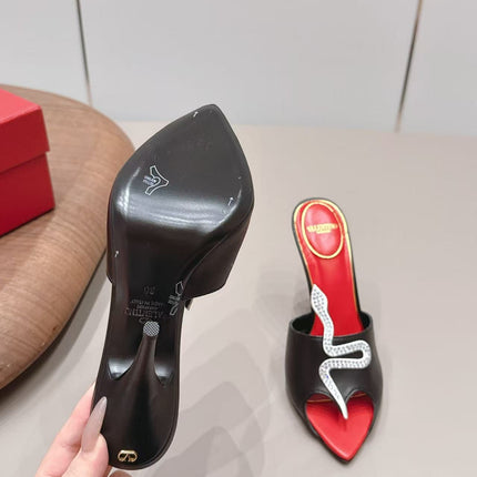 VALENTINO 26S HIGH HEEL MULES 100 MM IN BLACK AND RED LINING CALFSKIN