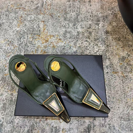 YSL 26S SAINT LAURENT SIBYL SLINGBACK PUMPS 110 MM IN GREEN CALFSKIN PATENT