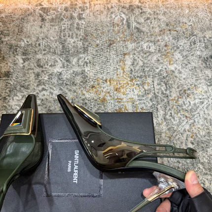 YSL 26S SAINT LAURENT SIBYL SLINGBACK PUMPS 110 MM IN GREEN CALFSKIN PATENT