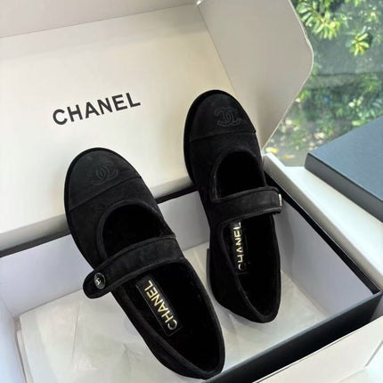 CHANEL 26S MARY JANE FLATS IN BLACK SUEDE