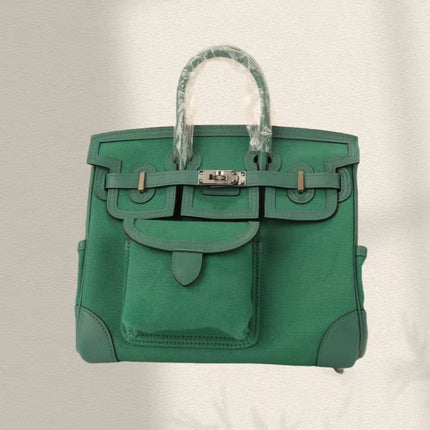 BIRKIN CARGO 25CM GREEN CANVAS AND LEATHER SILVER HARDWARE