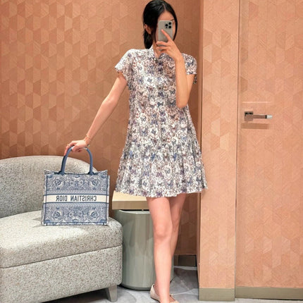CD Short Dress White Cotton Muslin with Multicolor Motif