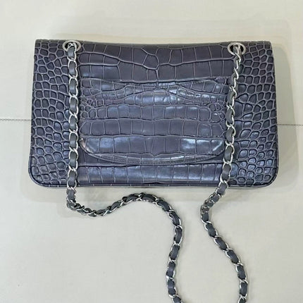 CHANEL 26S CLASSIC FLAP BAG IN DARK BLUE CROCODILE-EMBOSSED MATERIAL