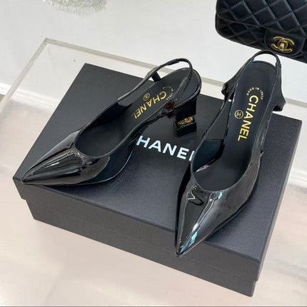 CHANEL 26S SLINGBACK IN BLACK CALFSKIN PATENT WITH BLOCK HEEL