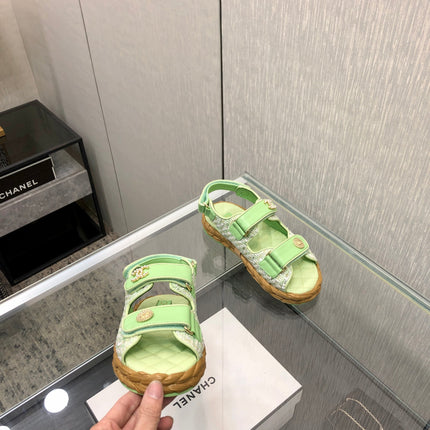 VELCRO SANDALS IN GREEN PASTEL LAMBSKIN AND TWEED FABRIC