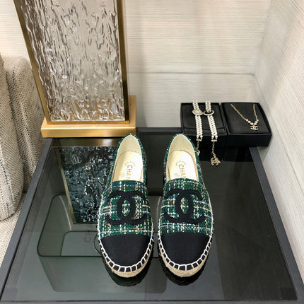 ESPADRILLE FOREST GREEN TWEED FABRIC AND BLACK CALFSKIN FLATS