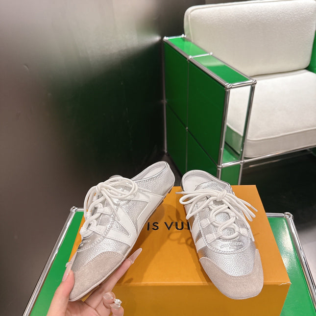 LV 26S MULE SNEAKERS IN SILVER LAMBSKIN AND BEIGE SUEDE