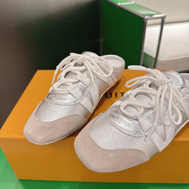 LV 26S MULE SNEAKERS IN SILVER LAMBSKIN AND BEIGE SUEDE