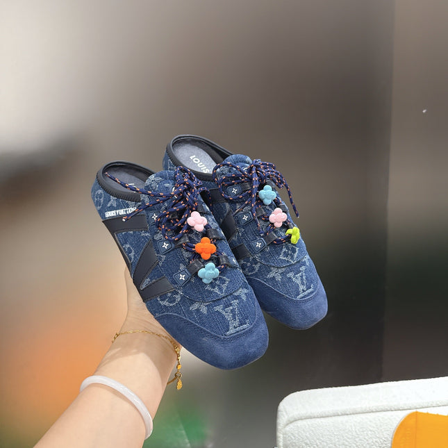 LV 26S MULE SNEAKERS IN BLUE DENIM AND SUEDE WITH FLOWER CHARM