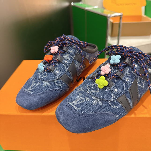 LV 26S MULE SNEAKERS IN BLUE DENIM AND SUEDE WITH FLOWER CHARM