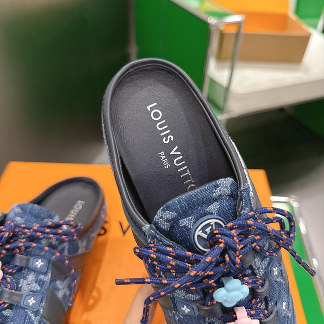 LV 26S MULE SNEAKERS IN BLUE DENIM AND SUEDE WITH FLOWER CHARM