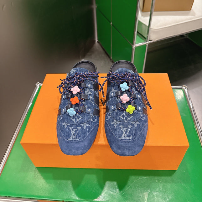 LV 26S MULE SNEAKERS IN BLUE DENIM AND SUEDE WITH FLOWER CHARM