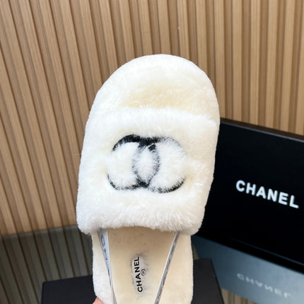 CHANEL 25S THICK-SOLED FURRY SLIPPERS WITH ELASTIC STRAPS IN WHITE FUR