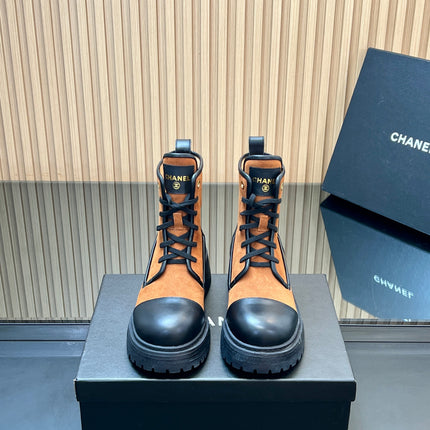 CHANEL 25S LACE-UP ANKLE BOOTS IN DARK CARAMEL SUEDE AND BLACK CALFSKIN