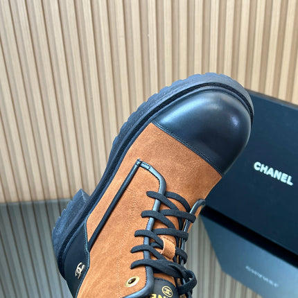 CHANEL 25S LACE-UP ANKLE BOOTS IN DARK CARAMEL SUEDE AND BLACK CALFSKIN