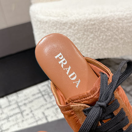 PRADA 25S DEXUN MULE IN BURNT ORANGE SUEDE LEATHER